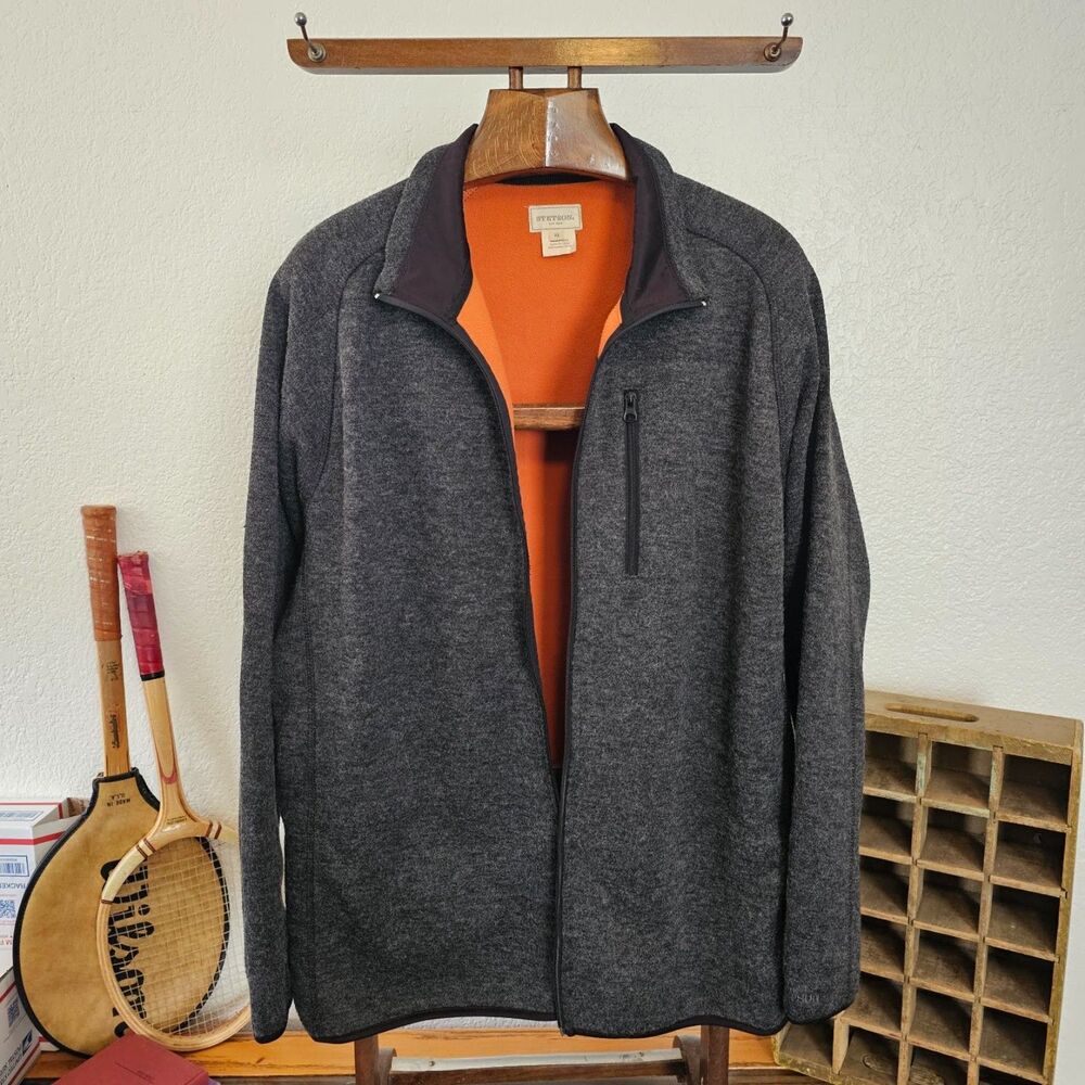 Stetson Mens Sweater Knit Full Zip Fleece Jacket Charcoal Gray Orange Lining XL
